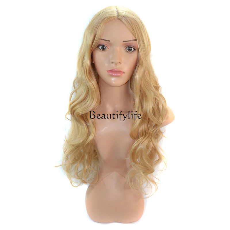 Wig female golden yellow medium bangs big waves long curly hair realistic whole headgear