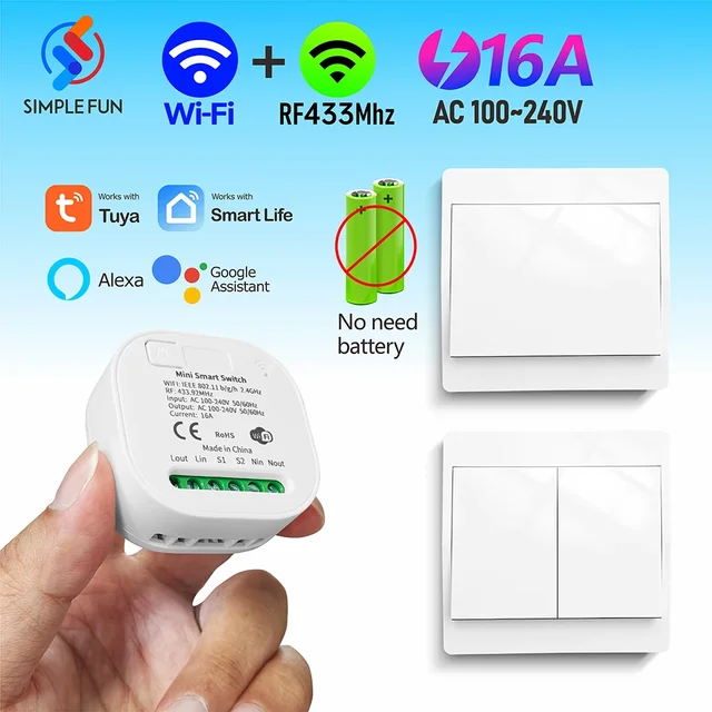 Tuya Smart life WiFi i włącznik światła 433 MHz, przełącznik panelu ściennego bez potrzeby baterii, mini moduł 110 V 220 V 16 A, dla Alexa Google Home