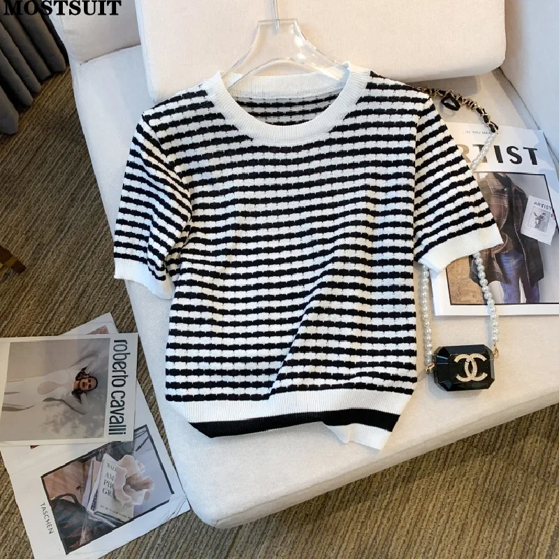 Stylish Striped Ice Silk Knit Tshirt Sweater Women Casual Fashion Ladies Tops Tees 2023 Summer Short Sleeve O-neck Chic Knitwear