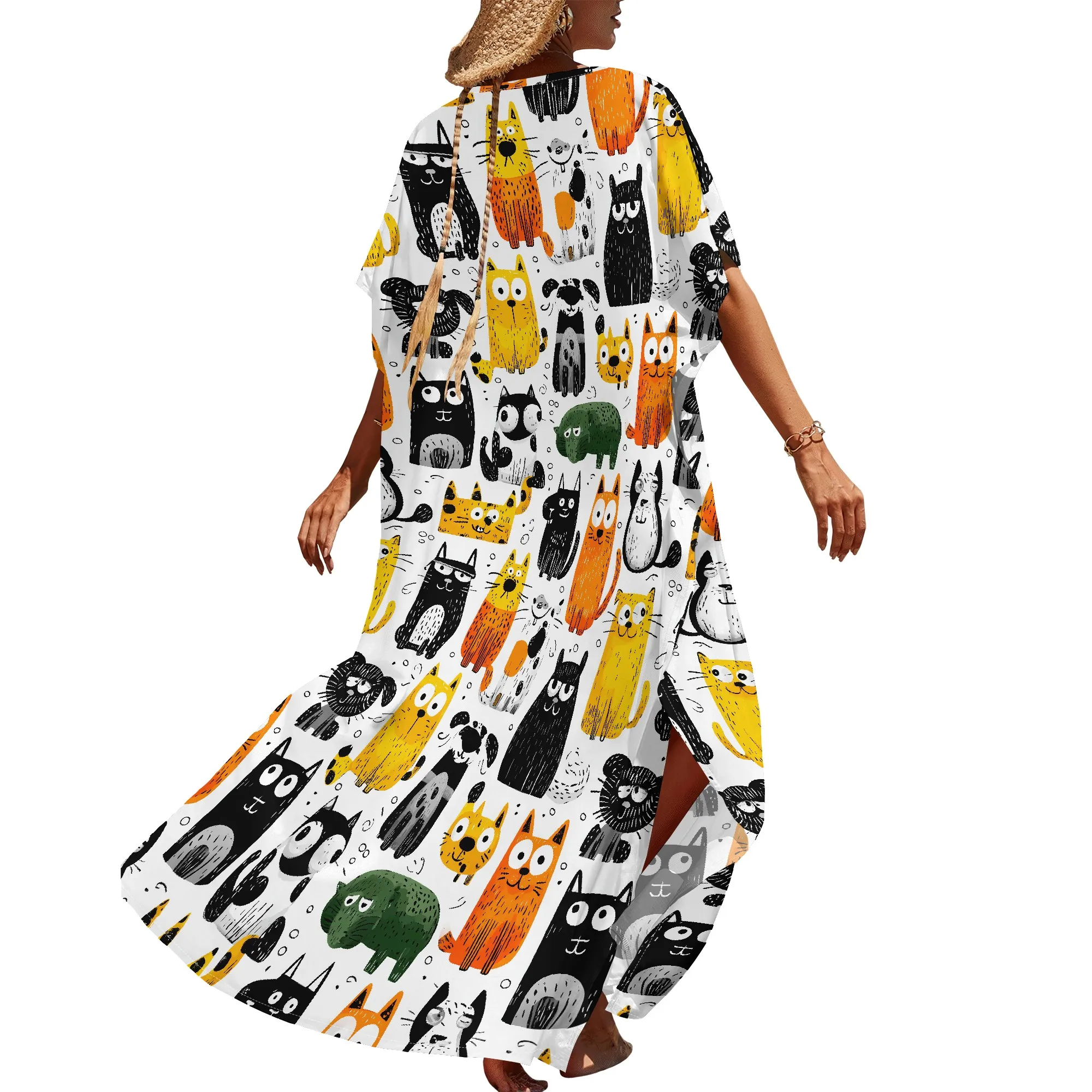 Colorful Cat Print V-Neck Maxi Dress S-3XL - Fun Animal Pattern, Perfect for Casual Summer Wear & Cat Lovers