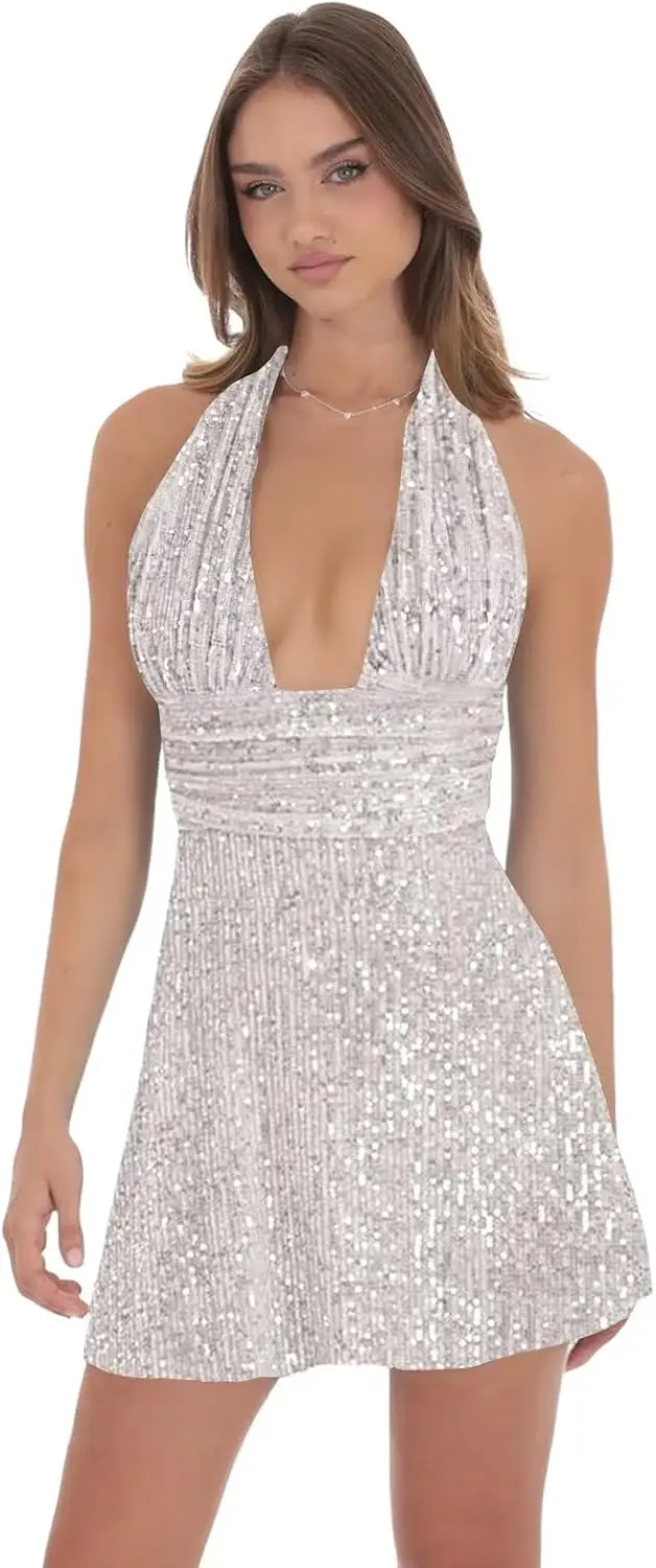 

Sparkly Sequin Homecoming Dresses for Teens 2025 Halter Tight Pleated Cocktail Party Gown Graduation Dress Ball Gown Mini Dress
