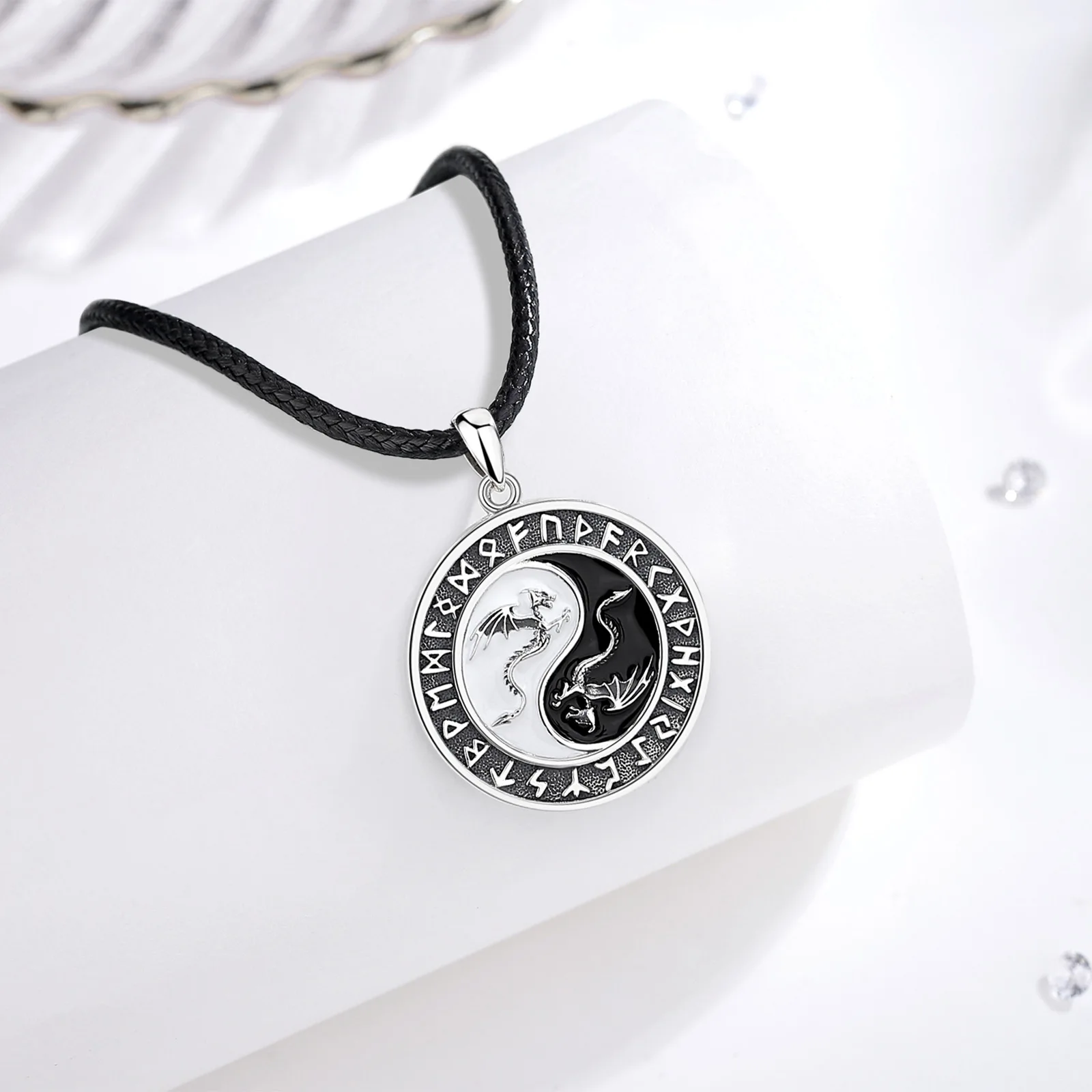 Eudora 925 Sterling Silver Viking Runes Dragon Necklace for Women Man Yin Yang Tai Chi Amulet Pendant Personality Jewelry Gift