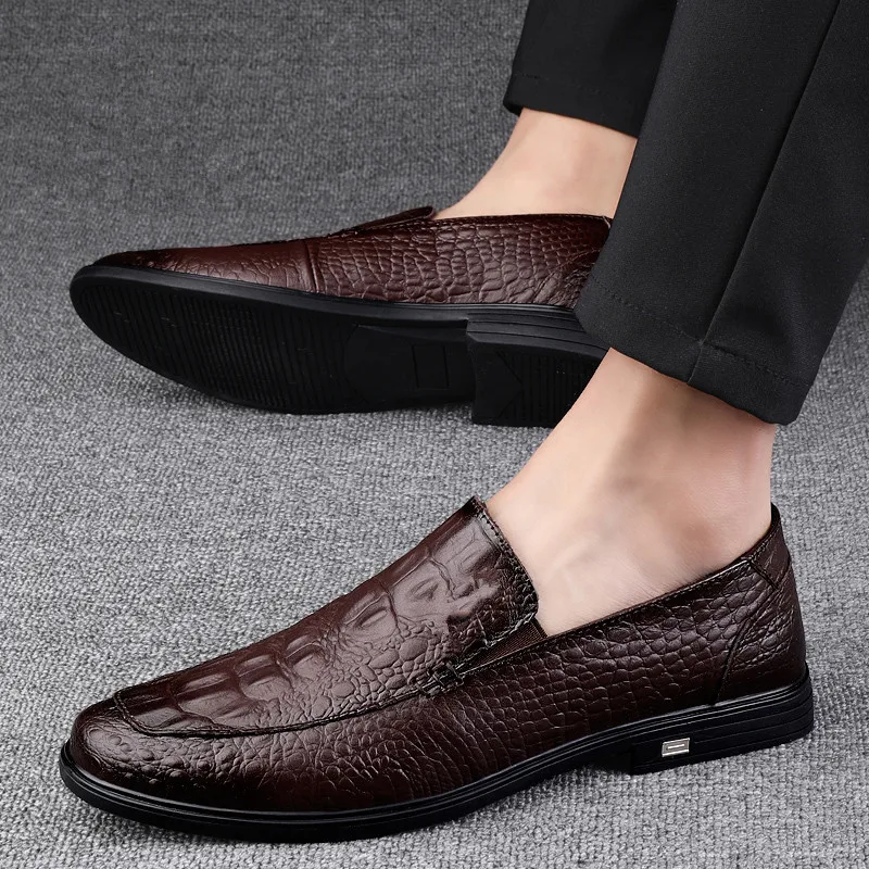 Men’s Casual Genuine Leather Shoes Brand Comfort Slip on Formal Business Loafers Men Crocodile Pattern Black Male Driving Shoes