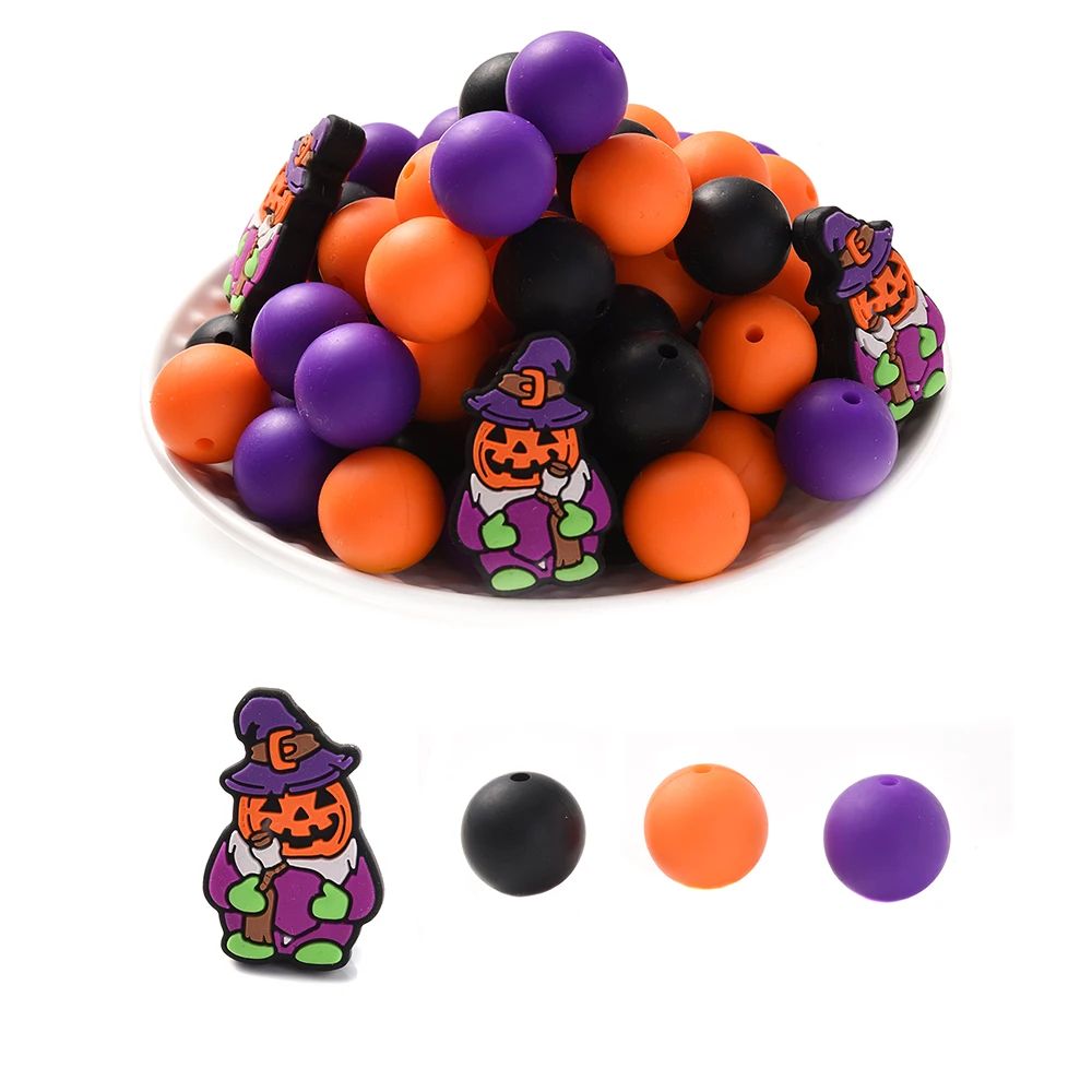 47Pcs New Halloween Spooky Silicone Beads Baby Teether 15mm Round Bead for Making Diy Pacifier Chain Holiday Jewelry Accessories