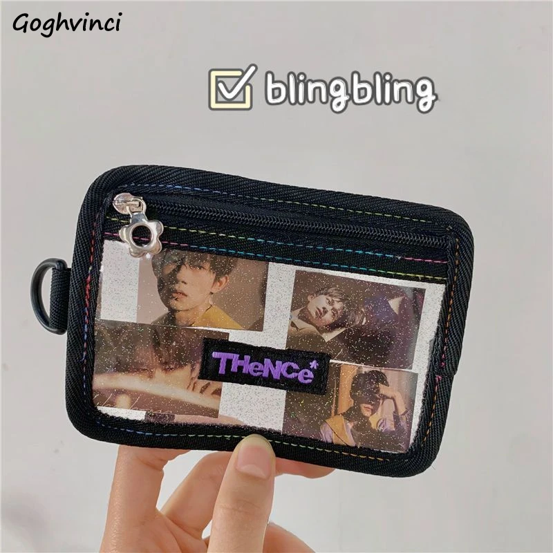 Black ID Holders Women Korean Fashion Blingbling Sweet Girl   PVC Credit Cards Zipper Portable Students Card Cover