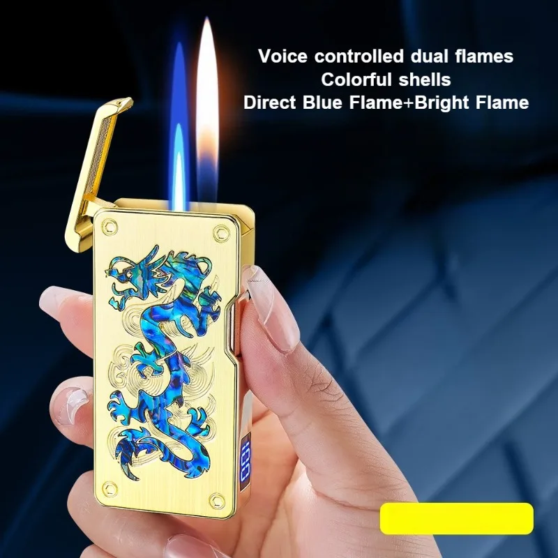 Type-C Charging Voice Controlled Dual Fire Metal Lighter Windproof Blue Flame Butane Inflatable Lighter Business Gift Lighter