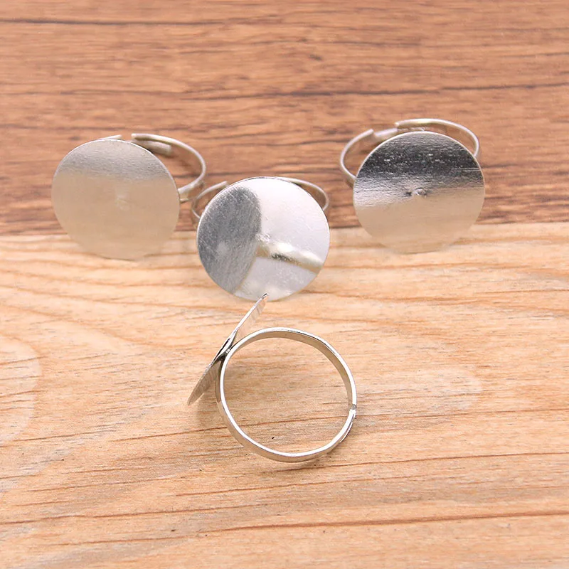 10PCS Fashion Simple Rhodium Color 18mm Adjustable Ring Bases Cabochon Blank Rings For Handmade Jewelry Making Findings