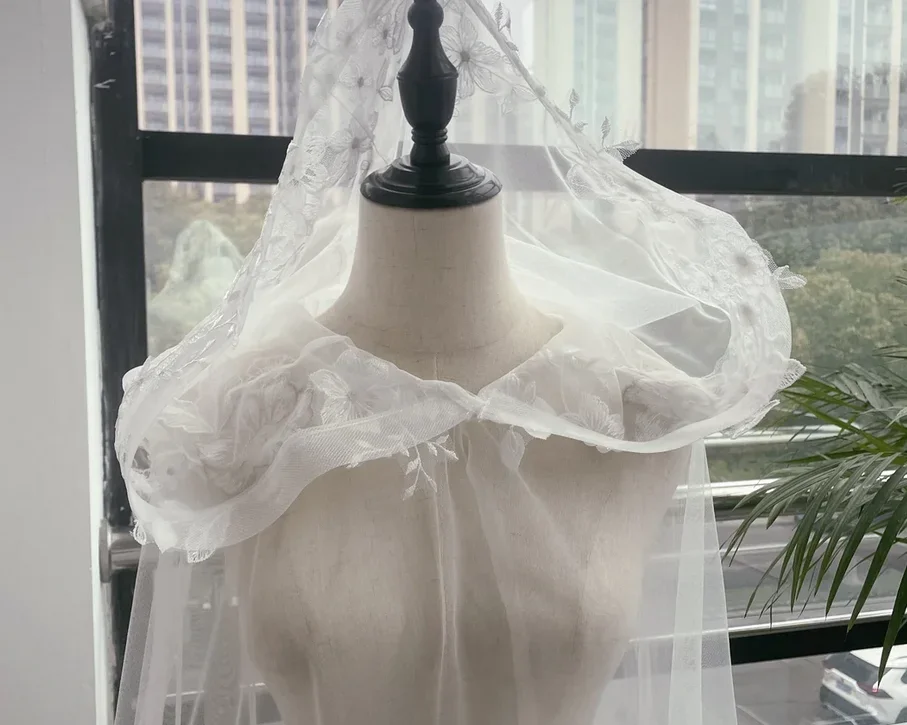 Hooded Wedding wrap Floral Cape Veil for Bride Floral Lace Cloak Cathedral Long Bridal Veil Chapel Cape Veil custom