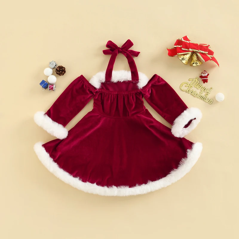 

Girls Christmas Velvet Dress Long Sleeve Lace-Up Halterneck Backless Patchwork Holiday Dress with Bow Detail