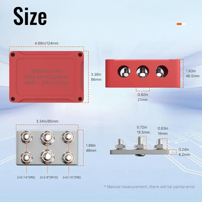 500A Bus Bar 12V Power 48V DC Automotive Marine Battery Busbar Terminal Distribution Block with Cover - Negative&Positive