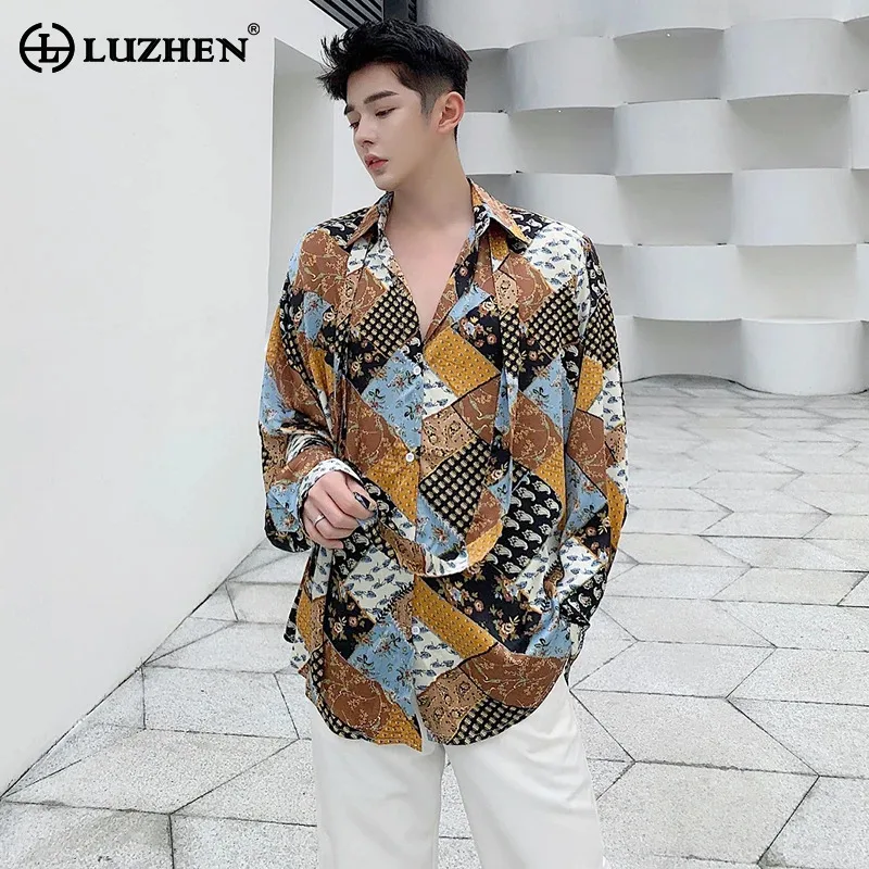 

LUZHEN Long Sleeved Shirt Original Printed Pattern Temperament Ribbon Silk Men Elegant Korean Fashion Thin Handsome Tops LZ6707