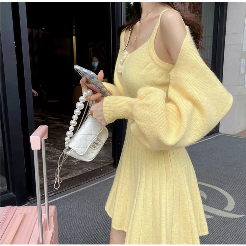 2025 New Spring Autumn Sweet Spicy Cardigan Sweater Coat+Suspender Knit Dress Women's Clothing Sweet Sexy Slim Knit Dress Set