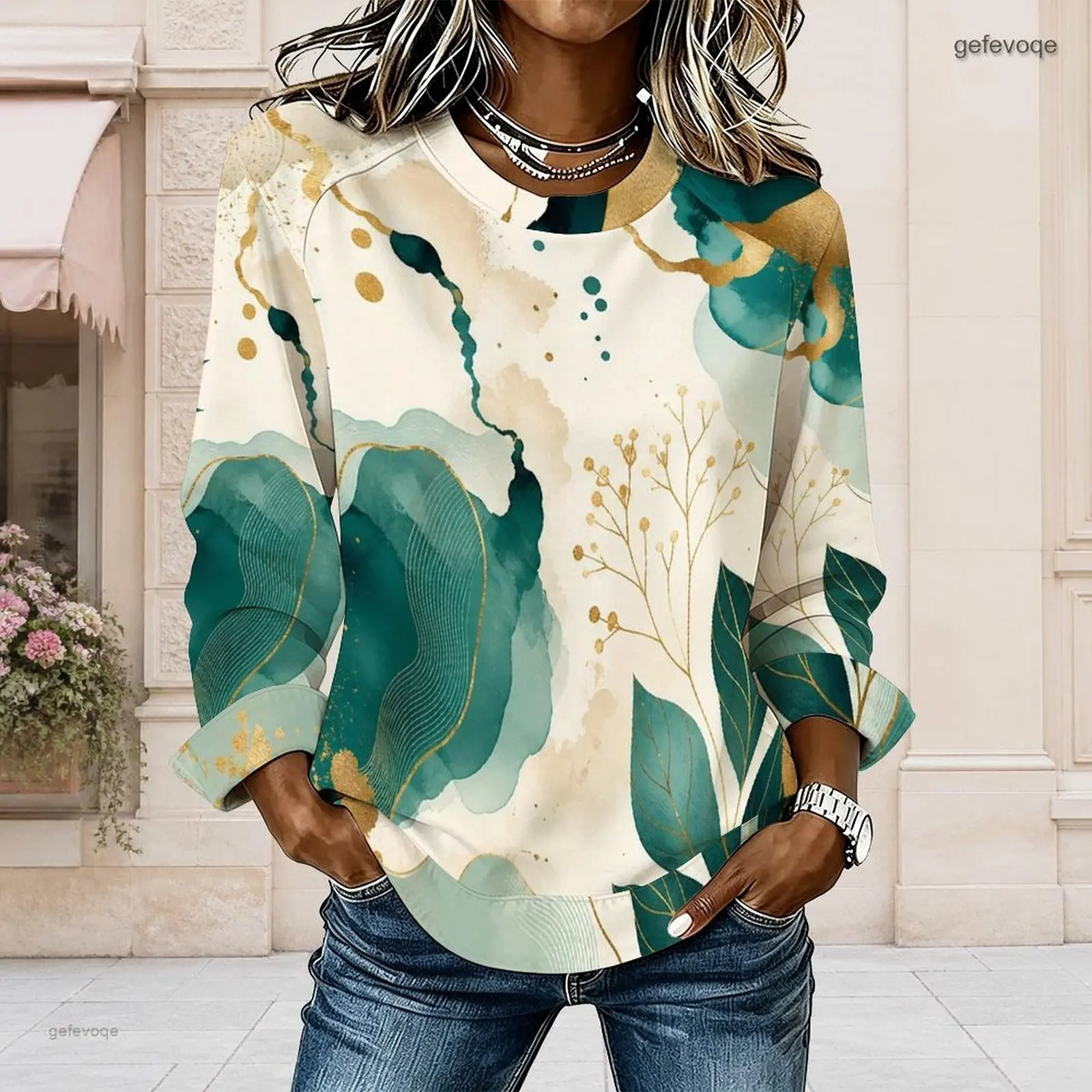Women Round Neck Long Sleeve Printed Top, Cream Base Green Teal Gold Botanical Abstract Curved Hem Top