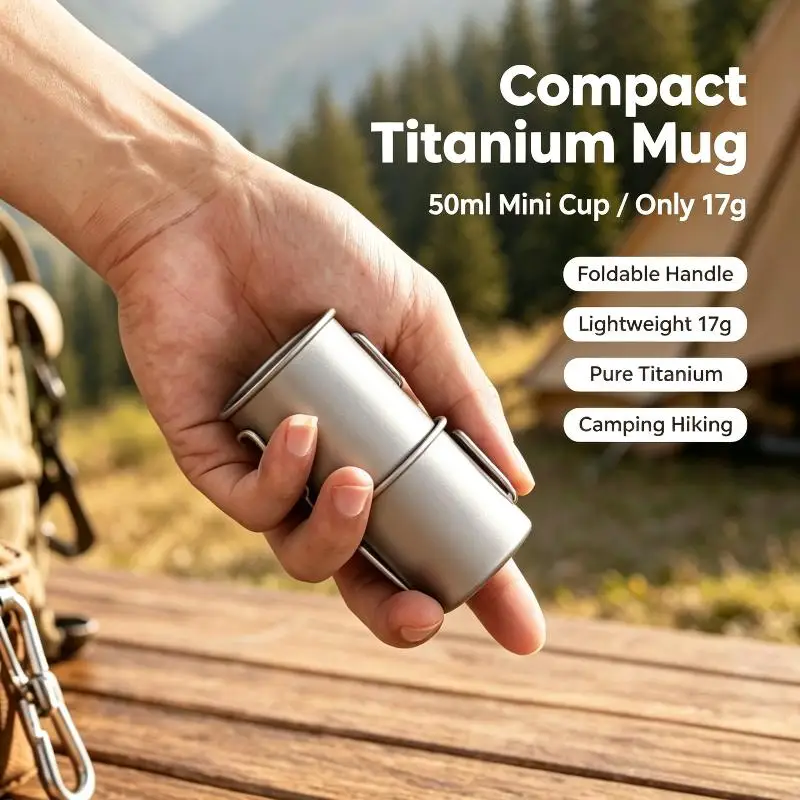 1Pcs Foldable Handle Camping Water Mug Pure Titanium/Stainless Steel Mini Outdoor Portable Tea Coffee Cup Travel Tableware