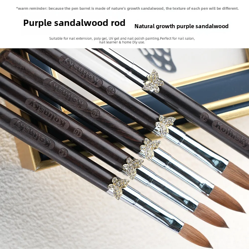 100% Kolinsky Pennello per unghie acrilico Viola Legno di sandalo Manico a farfalla Crimpatto Gel UV Pennello per intaglio Polvere liquida Disegno per unghie fai da te