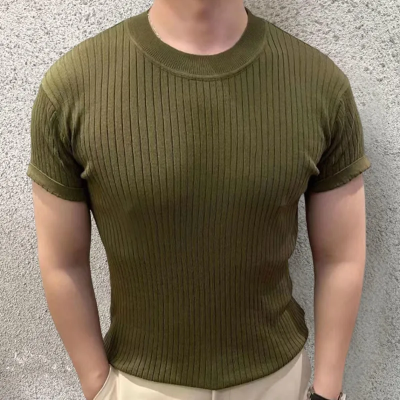 

2023 Summer Simple Solid Color Breathable Casual Slim O Neck Tees Knit Breathable Camisa Hombre British Men's T Shirt Mannen