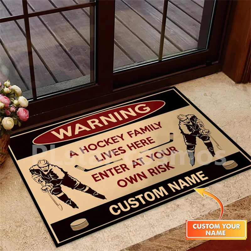 A Hockey Family Lives Here Hockey Doormat, Hockey Lovers Door Rug Custom Your Name Doormat