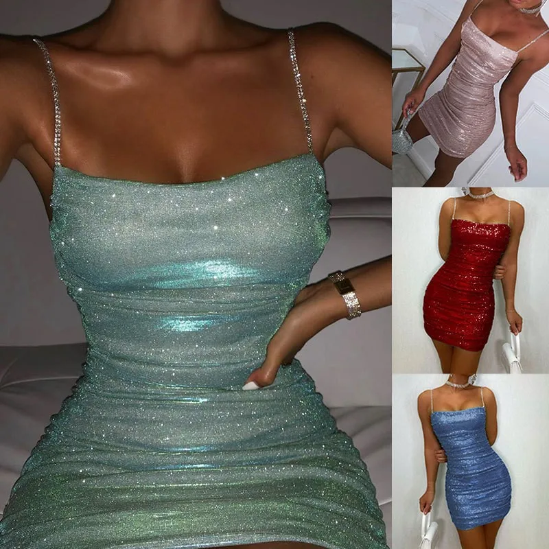 Women's Summer Elegant Pleated Prom Evening Dress A Line U Neck Sleeveless High Waist Spaghetti Strap Short Ruffle Solid Color