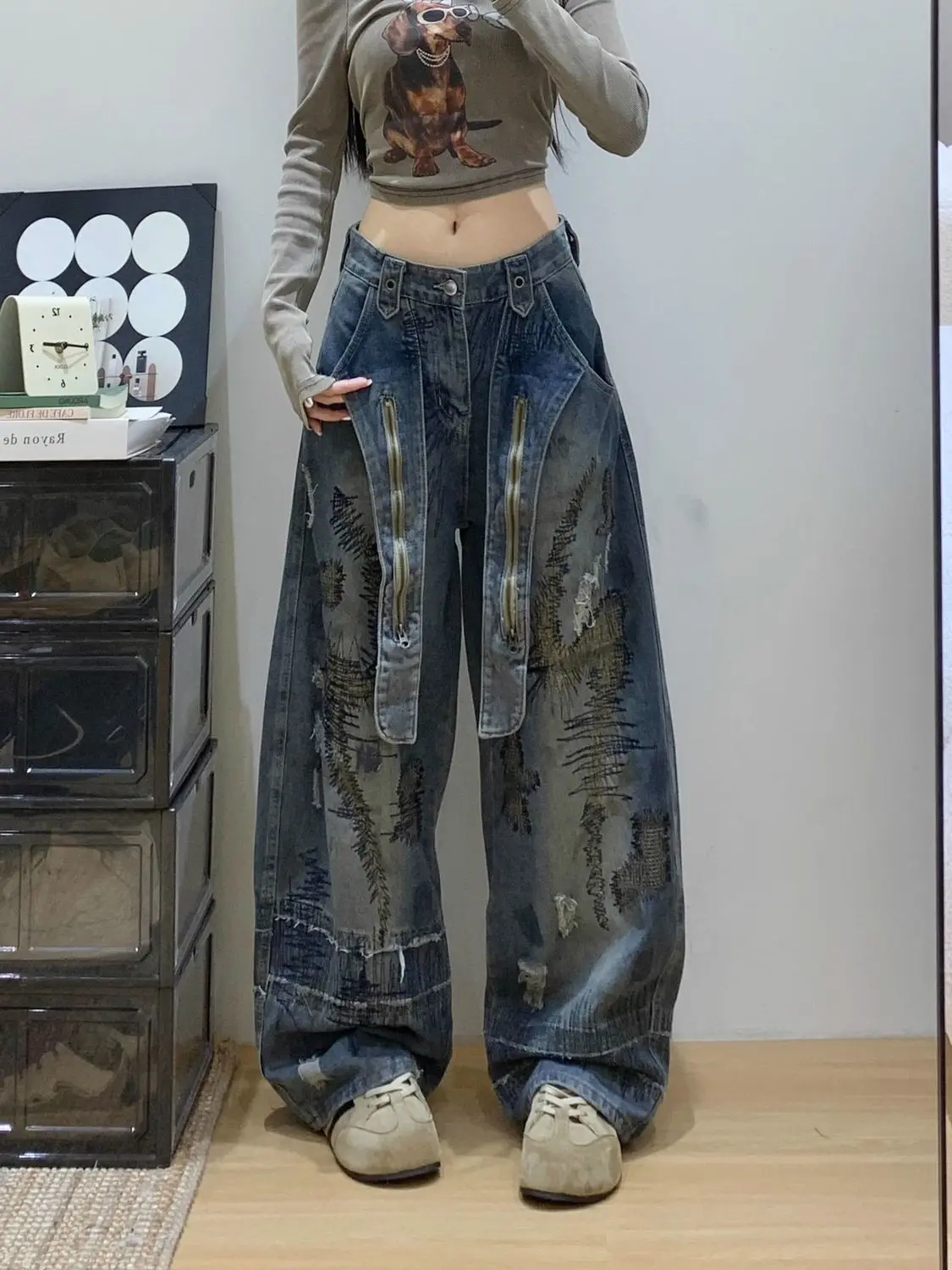 

American Y2K Punk Style Grunge Streetwear Baggy Stacked Jeans Pants for Women Designers Clothes Wide Leg Lady Denim Trousers