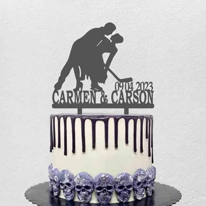 Personalized Ice Hockey Cake Topper Custom Name Date Bride and Groom Playing Ice Hockey Ice Hockey Player Wedding Decoration