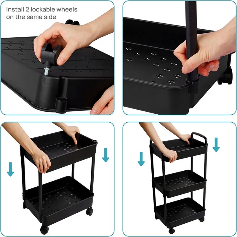 3Tier Plastic Rolling Utility Cart with Storage Bucket for Cleaning Cosmetic Medical Salon Desktop Tra Trolley Storage Organizer 3