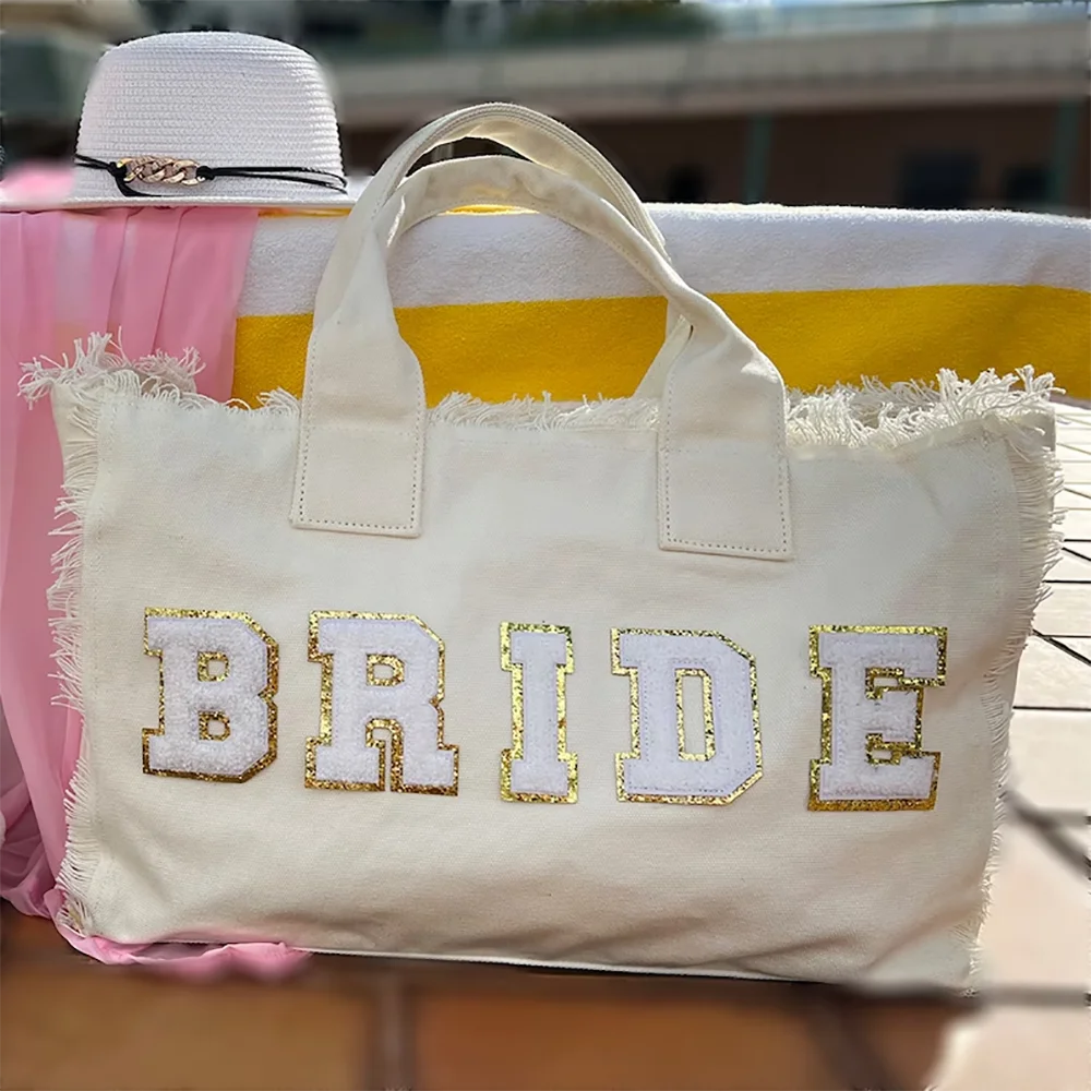 

Bride fringe tote bag Gifts Wedding Honeymoon gift Bridesmaids Bachelorette Party bridal shower Beach bags with letter patches