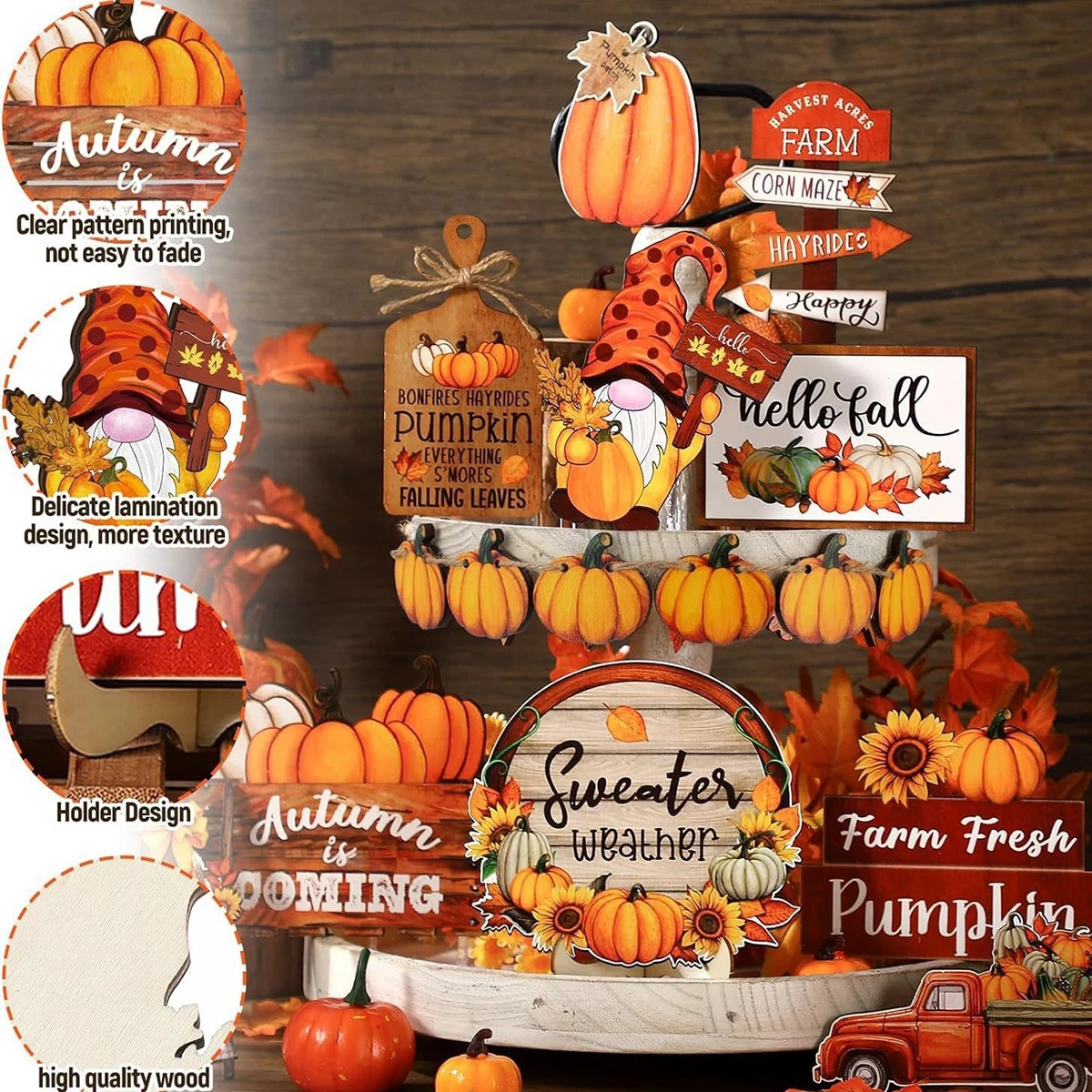 16PCS Wooden Tiered Tray Decorations  Autumn Holiday Thanksgiving Party Tabletop Decor,Rustic Welcome Pumpkin Mini Wooden Sign