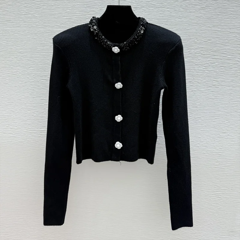 

Высокое качество, новый однобортный облегающий женский свитер с круглым вырезом и бриллиантами, кардиган, универсальная одежда 25916143