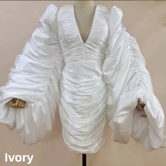 Elegant White Ruched Mini Evening Gown Deep V Oversized Puffy Sleeve Back Hollow Short Bridal Dress Civil Wedding Photo Outfit