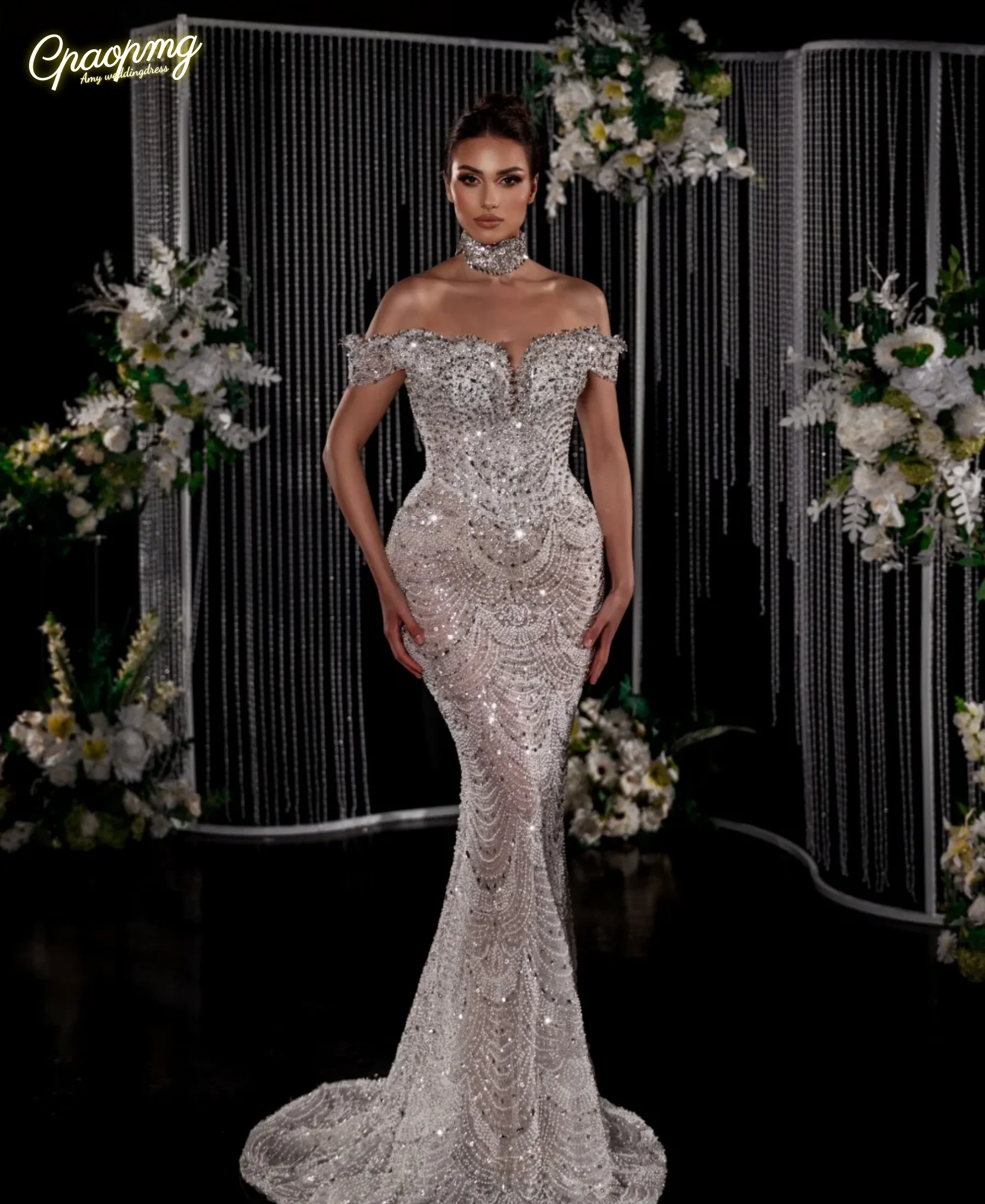 

Индивидуальное блестящее жемчужное платье с кристаллами, роскошное свадебное платье русалки с открытыми плечами, платья длиной до пола для невесты