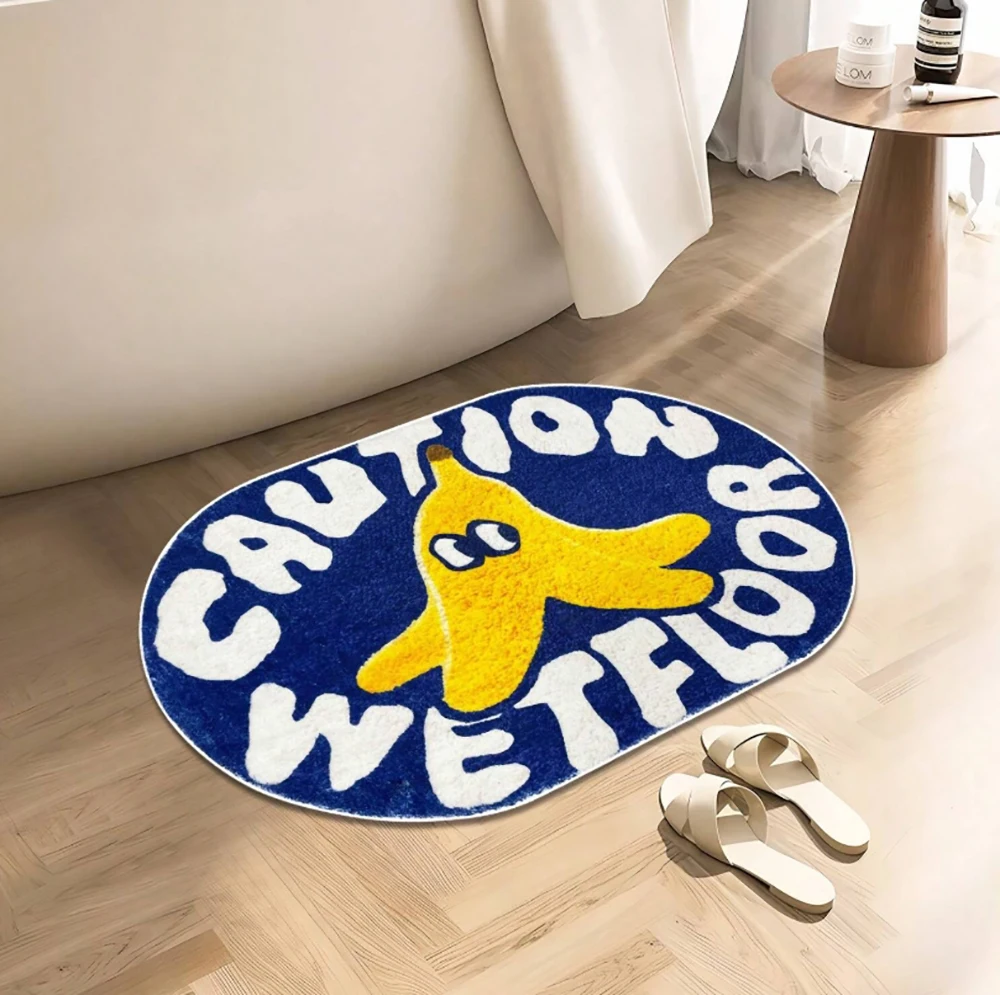 

Blue Cartoon "Caution Wet Floor" Plush Carpet Soft Comfortable Faux Wool Material Non-Slip Backing Suitable For Bathroom