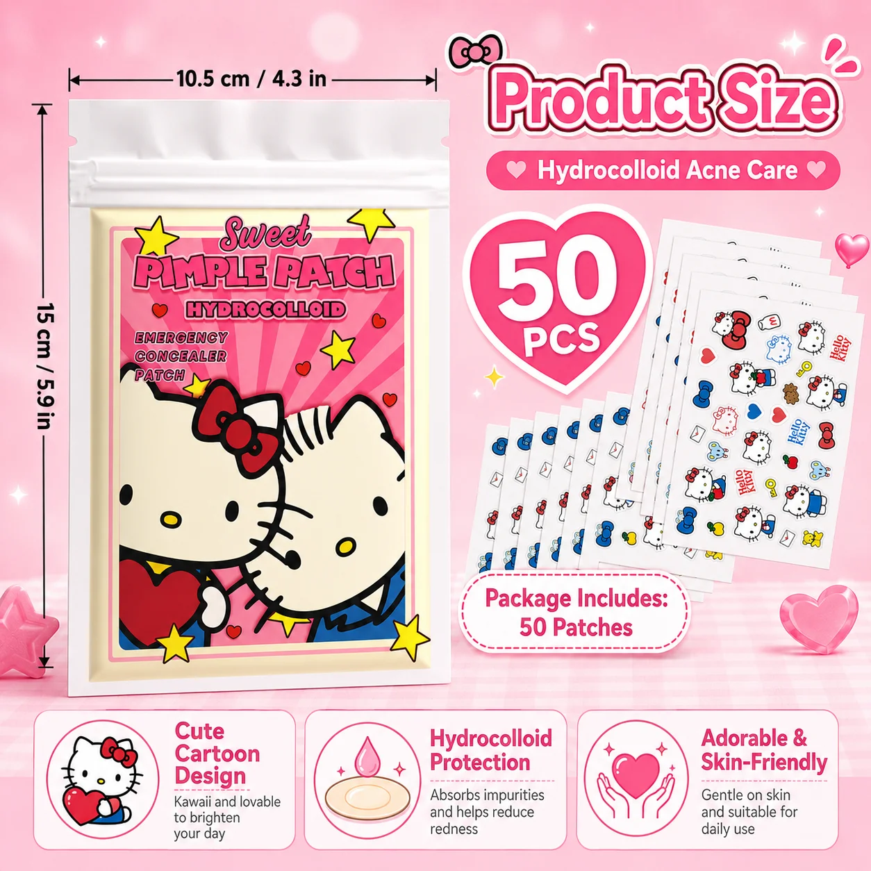 50PCS hello kitty Acne patches, facial acne patches, hydrogel acne removal patches, concealer