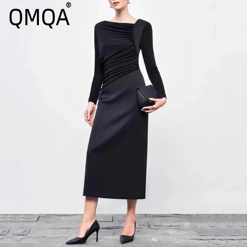 

QMQA Fashion Women's Elegant Dress Diagonal Collar Long Sleeve Spliced High Waist Slimming Dresses 2025 Female Clothing QM378