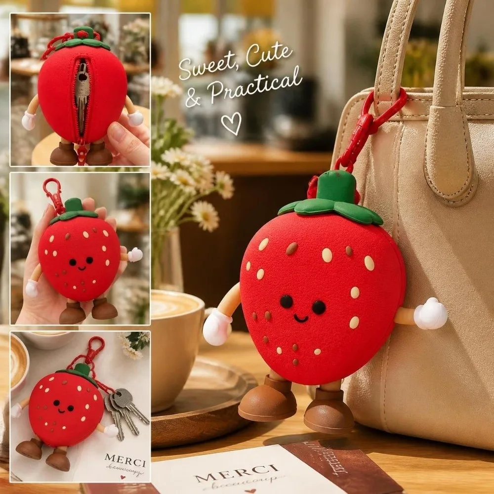 Strawberry Fruits Keychain Funny Creative Design Small Coin Purse Zipper Closure Blueberrie Change Storage Bag Coin Storage