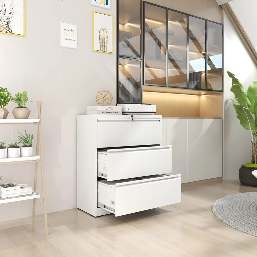 خزائن الملفات الجانبية المعدنية مع قفل، 3 خزائن الملفات ذات الأدراج للمكتب المنزلي، خزائن تخزين منظمة الملفات الواسعة من الفولاذ