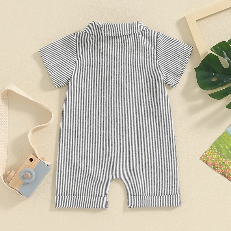 Newborn Summer Baby Boy Clothes Infant Jumpsuit 3 6 12 18 Months Stripe Lapel Short Sleeve Button Down Romper