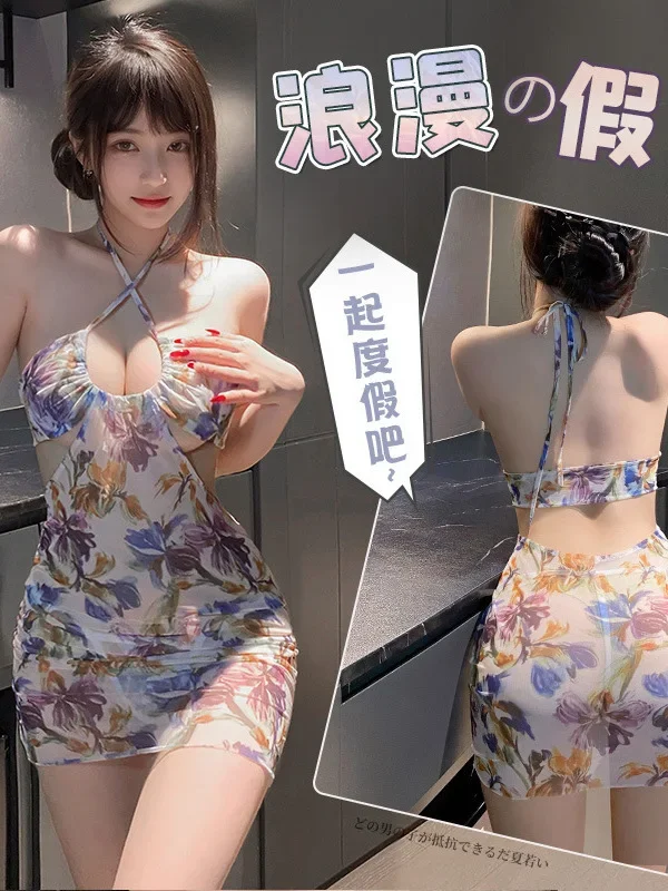 Vestido floral de quadril envoltório para férias à beira-mar, lingerie sexy, malha pura sem encosto, estilo de pescoço suspenso, pescoço em U profundo, magro parecer fino, ACWL