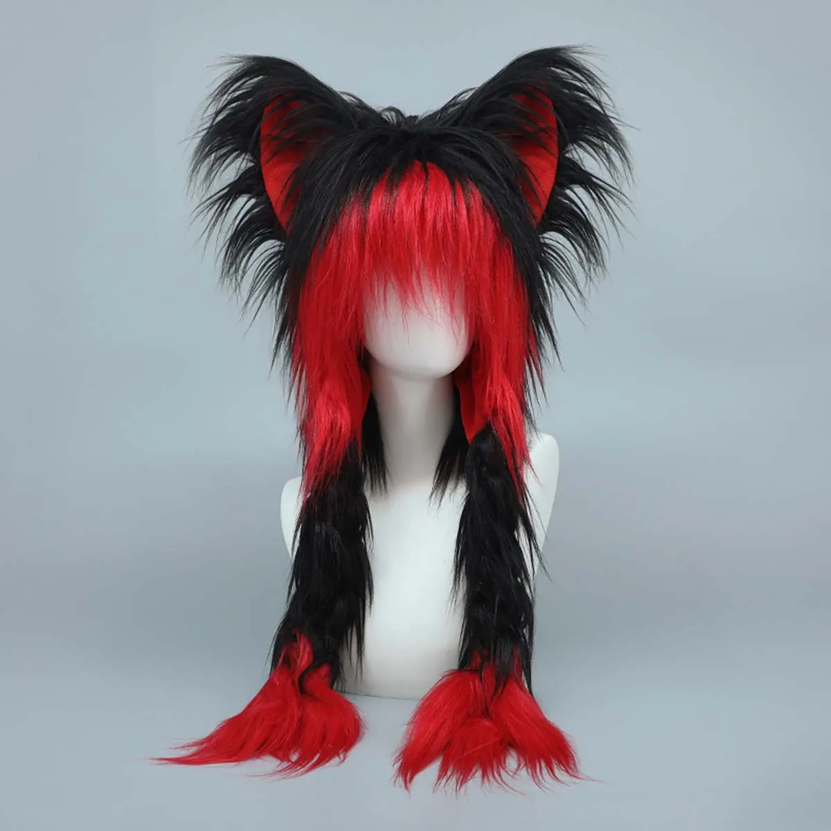 

Шапка с кошачьими ушками Y2K для Хэллоуина, длинные плюшевые двойные косички