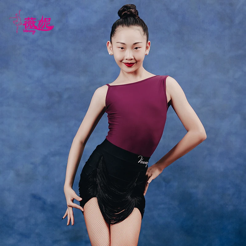Venny Vestido de baile latino Falda con flecos para niñas Conjunto de entrenamiento de dos piezas para práctica de rendimiento profesional