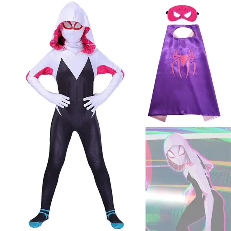 Halloween  2025 Meisjes Gwen Stacy Kostuum Anime Superheld Spider Gwen Cosplay Zentai Bodysuit Paarse Mantel Halloween
