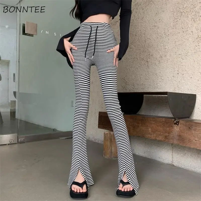 Slim Causal Pants Women Striped Front Slit Drawstring High Waist Flare Trousers All-match Streetwear Summer Simple Stylish New