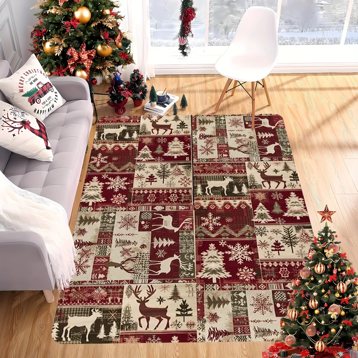 Festive Christmas Holiday Reindeer Area Rug for Living Room Winter Decor Seasonal Xmas Snowflake Geometric Pattern Durable