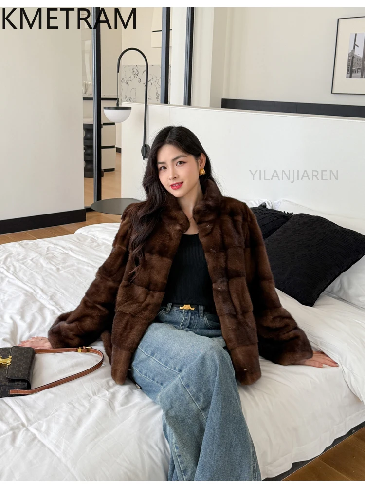 سترة KMETRAM 100% من فرو المنك للسيدات بياقة واقفة معطف قصير من الفرو الحقيقي 2025 ملابس خارجية شتوية عالية الجودة ملابس نسائية