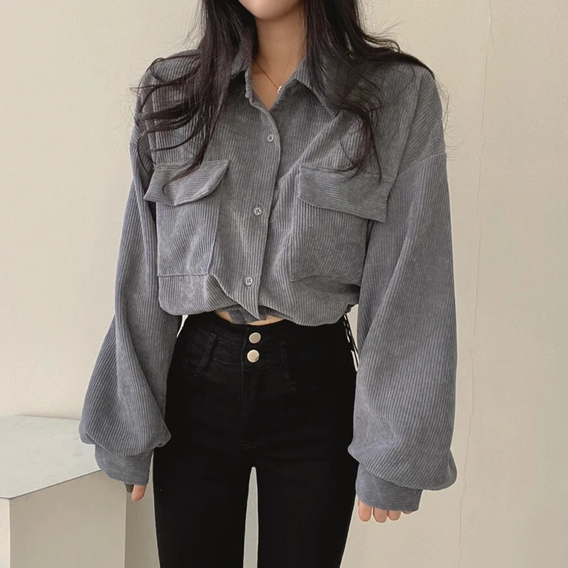 Corduroy Women Casual Shirts Autumn Korean Retro Pockets Female Blouse Bandage All Match Long Sleeve Ladies Ladies Crop Tops