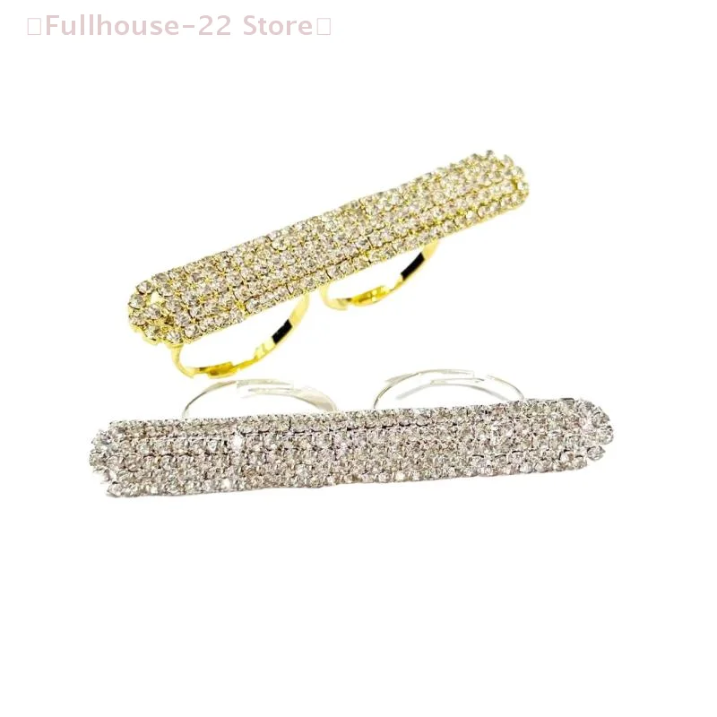 【MAX-22】Lady Long Bar Ring Two Fingers Handmade Hand Accessories Bling Geometric Dubai Rhinestone Open Rings For Women Party view 6
