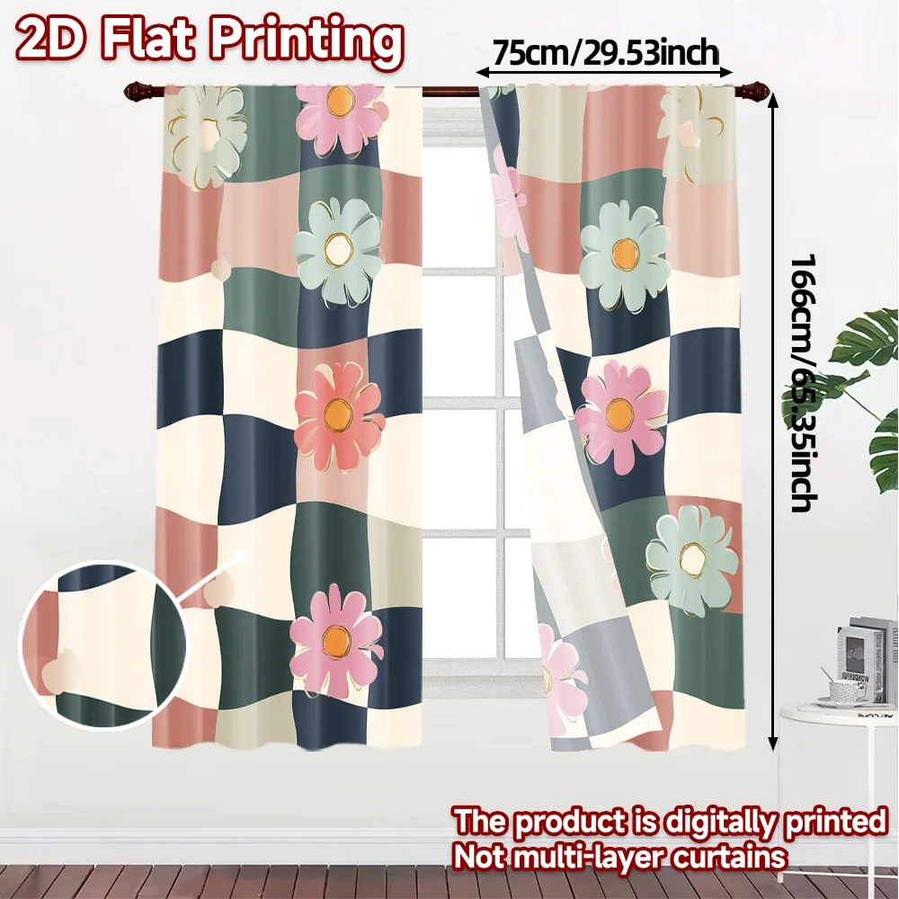 2D Flat Printing,JIT 2pcs, Curtains (Without Rod) Checkered Blooms Popular Popular Curtain Machine Washable Fabric Curtains