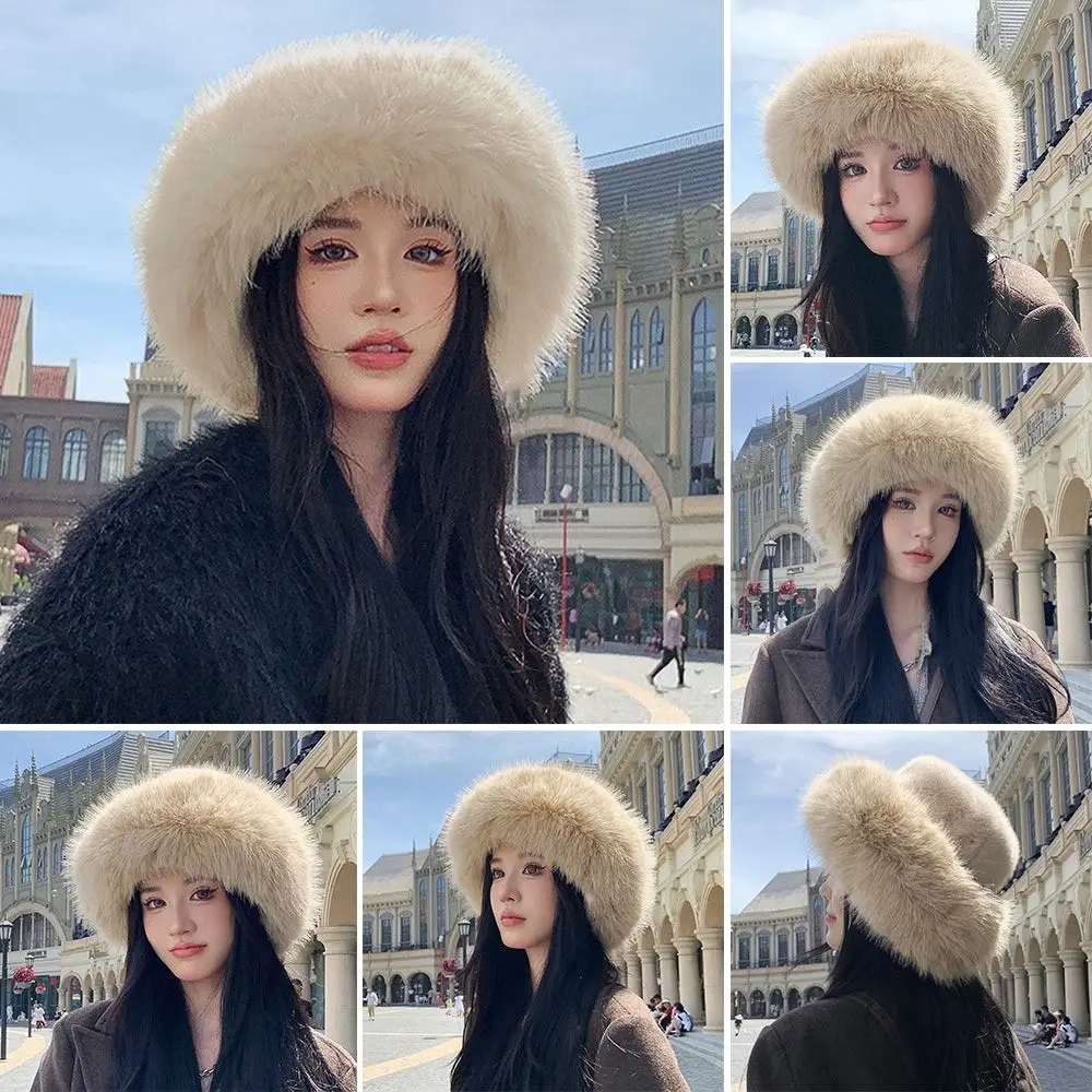 Winter Faux Fur Plush Bucket Hat Thick Warm Plus Velvet Fisherman Cap Fluffy Casual Panama Caps for Women