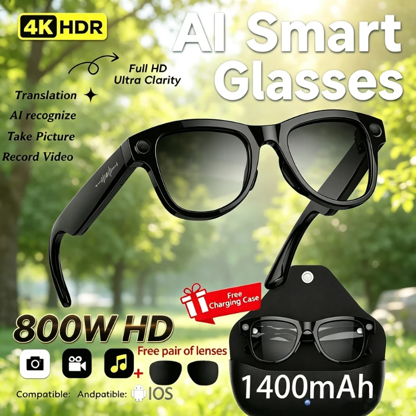 

2026 Smart Glasses Dual Microphone Noise Reduction AI Dialogue Translation 800W HD Camera EIS Anti-Shake Shooting Smart Glasses