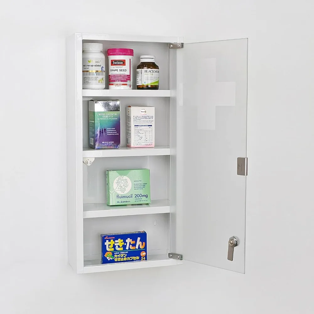 Locking Steel Medicine Cabinet 4 Tier Wall Mount Durable Surface or Flush Home Office First Aid