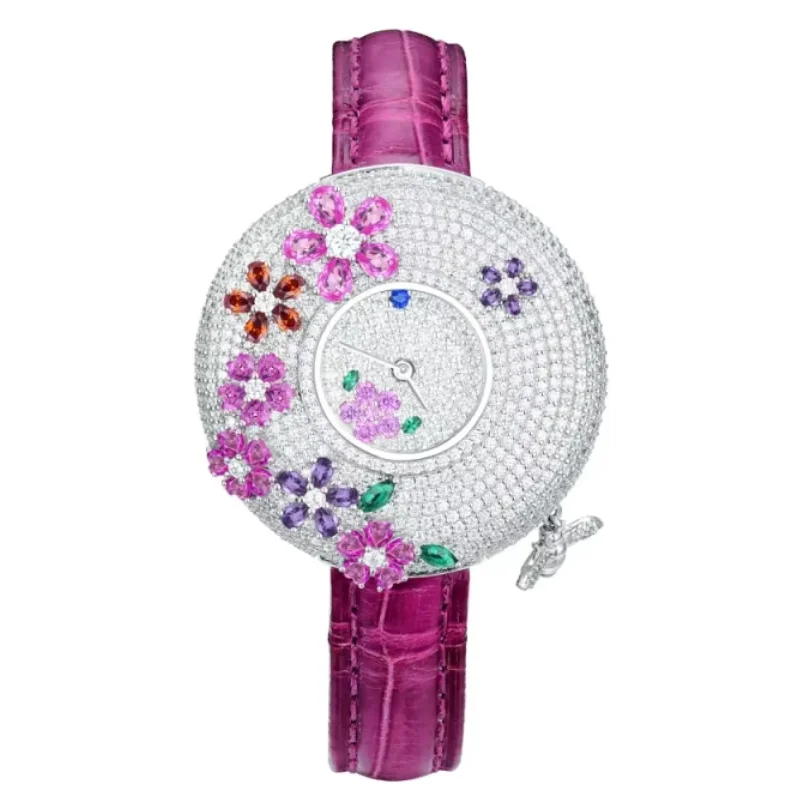 BELLUX Original Design Full Diamond Colored Gemstone Flower Luxury Jewelry Purple Wristband Quartz Watch for Women